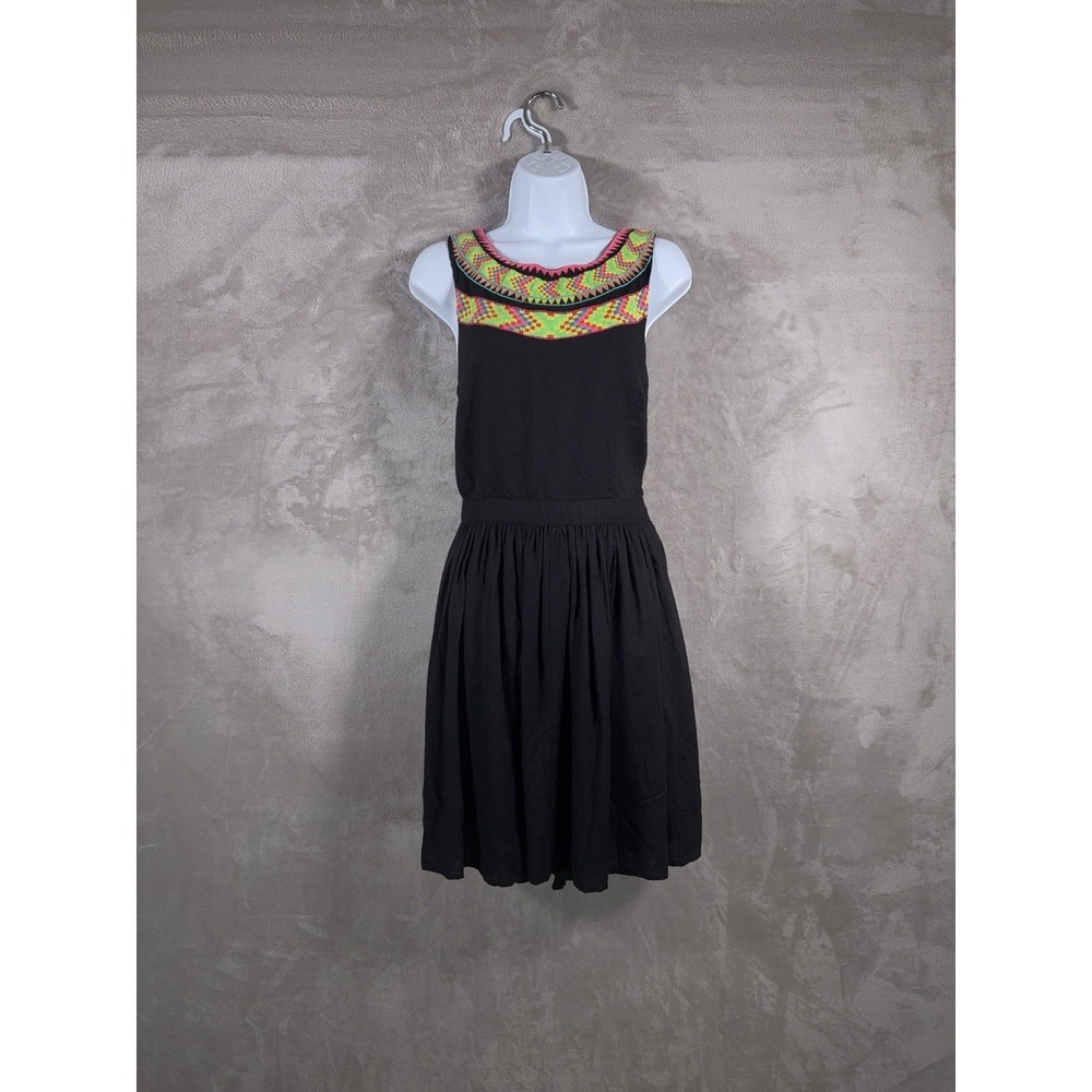 Vintage Mara Hoffman Dress Womens Size 10 Black Tribal Aztec Cutout Fit Midi